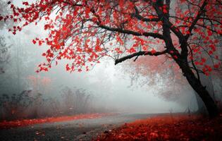 Vibrant Red Leaves Adorn a Misty Pathway in Autumn Morning Fog photo