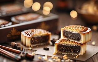 Mooncakes With Sweet Filling Displayed on a Plate With Festive Decor photo