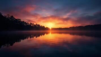 Serene Sunrise Over Calm Lake With Mist and Colorful Sky photo