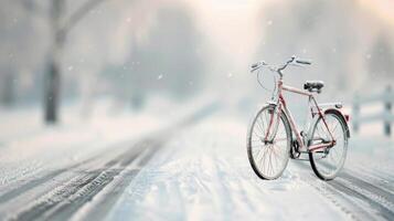 Bicycle Along a Snowy Path in Winter Near a Quiet Rural Road photo