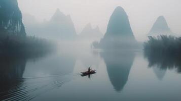 Rowboat Gliding Across Calm River at Dawn Near Misty Mountains photo