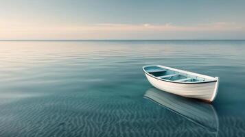 Calm Waters With A White Boat Floating In The Early Morning Light photo