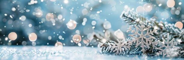 Snowflakes on Blue Surface With Glittering Background During Winter Celebration photo