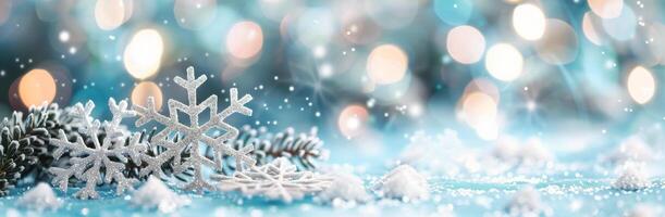 Snowflakes on Blue Surface With Glittering Background During Winter Celebration photo