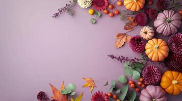Colorful Pumpkins and Autumn Leaves Arranged on a Gray Background in Fall photo