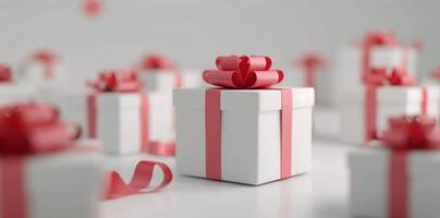 White Gift Boxes With Red Ribbons and Bows Arranged on a Light Background photo