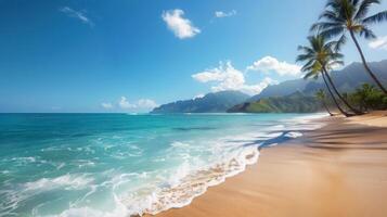 Tropical Beach With Palm Trees and Clear Blue Water in Hawaii on a Sunny Day photo