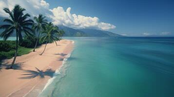 Tropical Beach With Palm Trees and Clear Blue Water in Hawaii on a Sunny Day photo