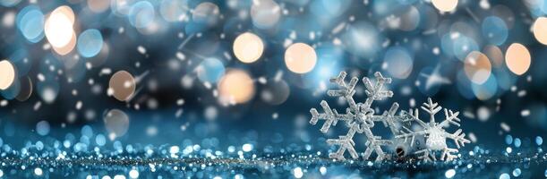 Snowflakes on Blue Surface With Glittering Background During Winter Celebration photo