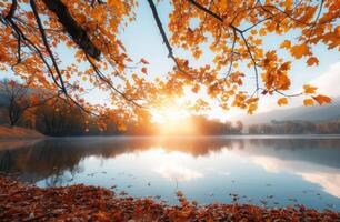 Autumn Leaves Reflecting Soft Sunset Glow Over Calm Lake photo