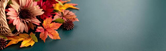 Autumn Decor Featuring Pinecones and Colorful Leaves in Rustic Container photo