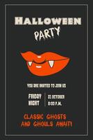 Retro Halloween party invitation. Vampire smile vampire black background. vector