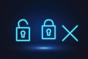 Icon neon, luminous lock, closed open, cross . vector