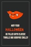 Retro Halloween party card, greetings vampire teeth on black. vector