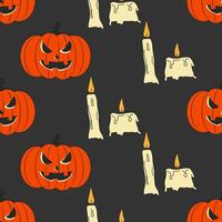 Seamless pattern retro Halloween pumpkin and candles on black background for fabric, wrapping paper. vector