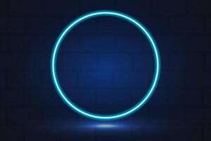 Neon glowing circle, sign, frame in blue colour with brick wall on background. vector