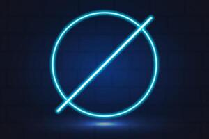 Neon glowing circle, crossed out sign, frame in blue colour with brick wall on background. vector
