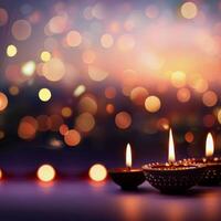 Decorative Diyas With Flame and Bokeh Background During Festival Celebration Night photo
