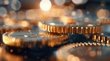 Close-Up of Interlocking Gears With Gold Finish and Glowing Background photo