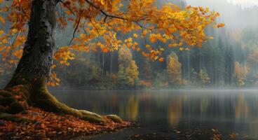 Majestic Autumn Tree Surrounded by Vibrant Fallen Leaves in Foggy Forest photo
