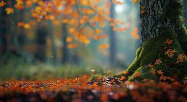 Majestic Autumn Tree Surrounded by Vibrant Fallen Leaves in Foggy Forest photo