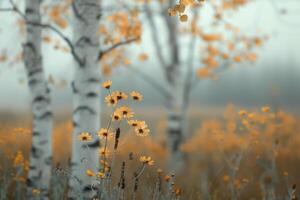 Autumn Meadow With Yellow Flowers and Birch Trees in Soft Morning Fog photo