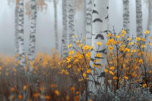 Autumn Meadow With Yellow Flowers and Birch Trees in Soft Morning Fog photo