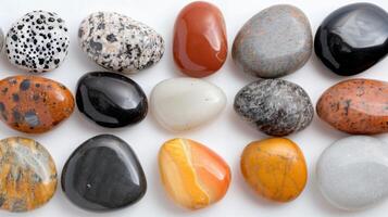 Colorful Variety of Polished Stones Displayed in a Row on a White Surface photo