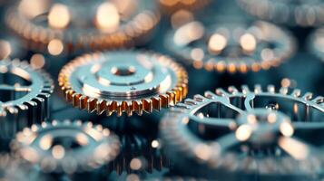 Close-Up of Interlocking Gears With Gold Finish and Glowing Background photo