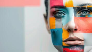 Colorful Abstract Face Art Displayed on a Mannequin in a Modern Studio photo