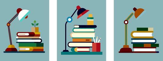 Set of illustrations, a stack of books with a desk lamp vector