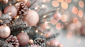 Decorated Christmas Tree With Pink Ornaments and Sparkling Lights in Cozy Atmosphere photo