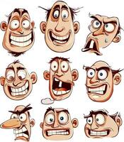 Quirky cartoon-style male faces with exaggerated expressions. the face depicts various emotions or reactions, from happiness and surprise to confusion and suspicion. for use in comic books, animation vector