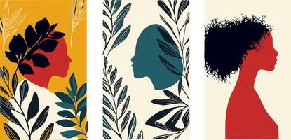 A set of abstract illustrations with side-by-side profiles of women, in a minimalist style using bold, contrasting colors. With stylized botanical elements highlighting the combination of natural vector