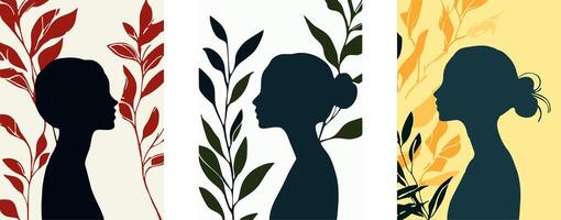 A set of abstract illustrations with side-by-side profiles of women, in a minimalist style using bold, contrasting colors. With stylized botanical elements highlighting the combination of natural vector
