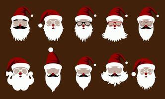 A set of Santa Claus faces, different expressions, mustache and beard. The faces are varied and depict Santa Claus with different skin tones vector