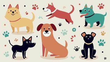 illustration featuring cartoon style dogs in different poses, surrounded by colorful paw prints and dog accessories. The image is ideal for use in childrens products, pet related designs vector