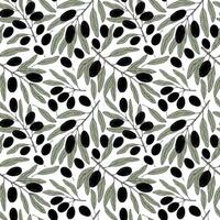Seamless pattern with botanical olive branch with olives and leaves on a white background. Black line illustration for decoration and design fabrics, textiles, souvenirs vector