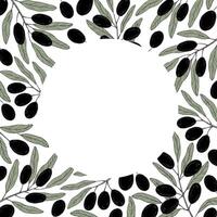 Graphics botanical black and green frame with olive and leaves. Olive branch with olives and leaves vector