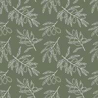 Seamless pattern with botanical olive branch with olives and leaves on a green background. White line illustration for decoration and design fabrics, textiles, souvenirs vector