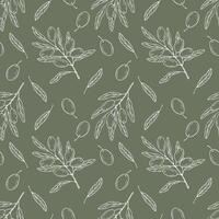 Seamless pattern with botanical olive branch with olives and leaves on a green background. White line illustration for decoration and design fabrics, textiles, souvenirs vector