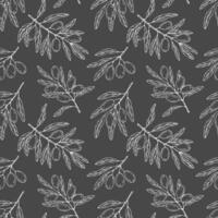 Seamless pattern with botanical olive branch with olives and leaves on a grey background. White line illustration for decoration and design fabrics, textiles, souvenirs vector