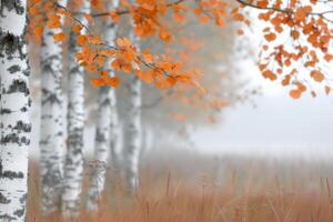 Autumn Misty Landscape With Birch Trees and Orange Leaves in Soft Light photo