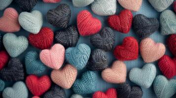 Colorful Knitted Hearts Arranged on a Cozy Textile Background photo