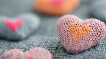 Colorful Knitted Hearts Arranged on a Cozy Textile Background photo