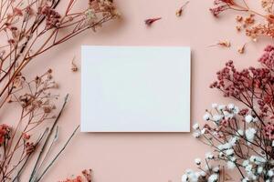 Floral Arrangement With Pink Background and Blank Canvas in Center photo
