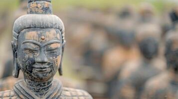 Buddhist Statue in Tranquil Temple Garden at Sunset photo