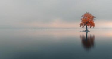 Serene Autumn Landscape With Single Tree in Misty Lake at Dawn photo