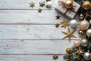 Golden And Silver Christmas Ornaments Arranged On A Rustic Wood Background photo