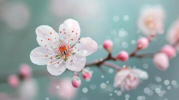 Delicate Pink Cherry Blossom Blooming in Spring With Soft Background photo